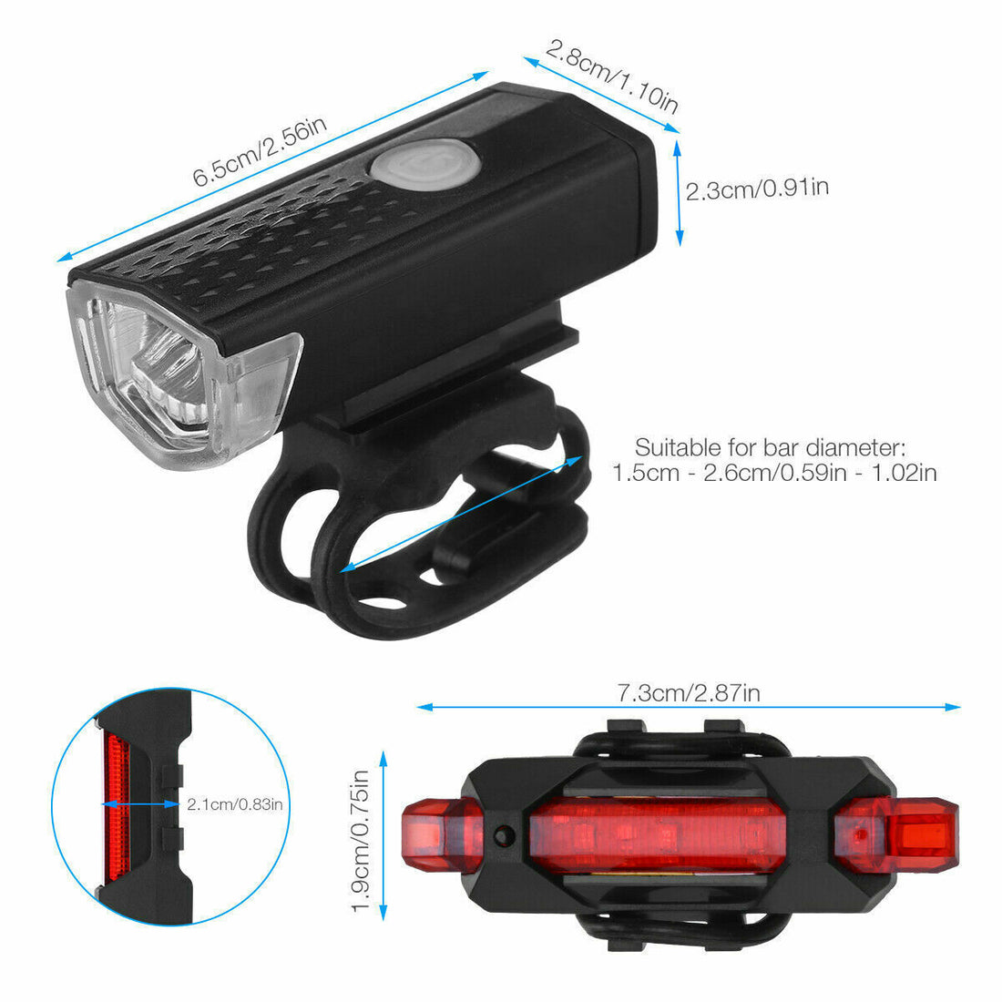 Phare de vélo à LED rechargeable par USB, éclairage de vélo, éclairage avant et arrière, éclairage de vélo à LED rechargeable par USB, résistant à la pluie 